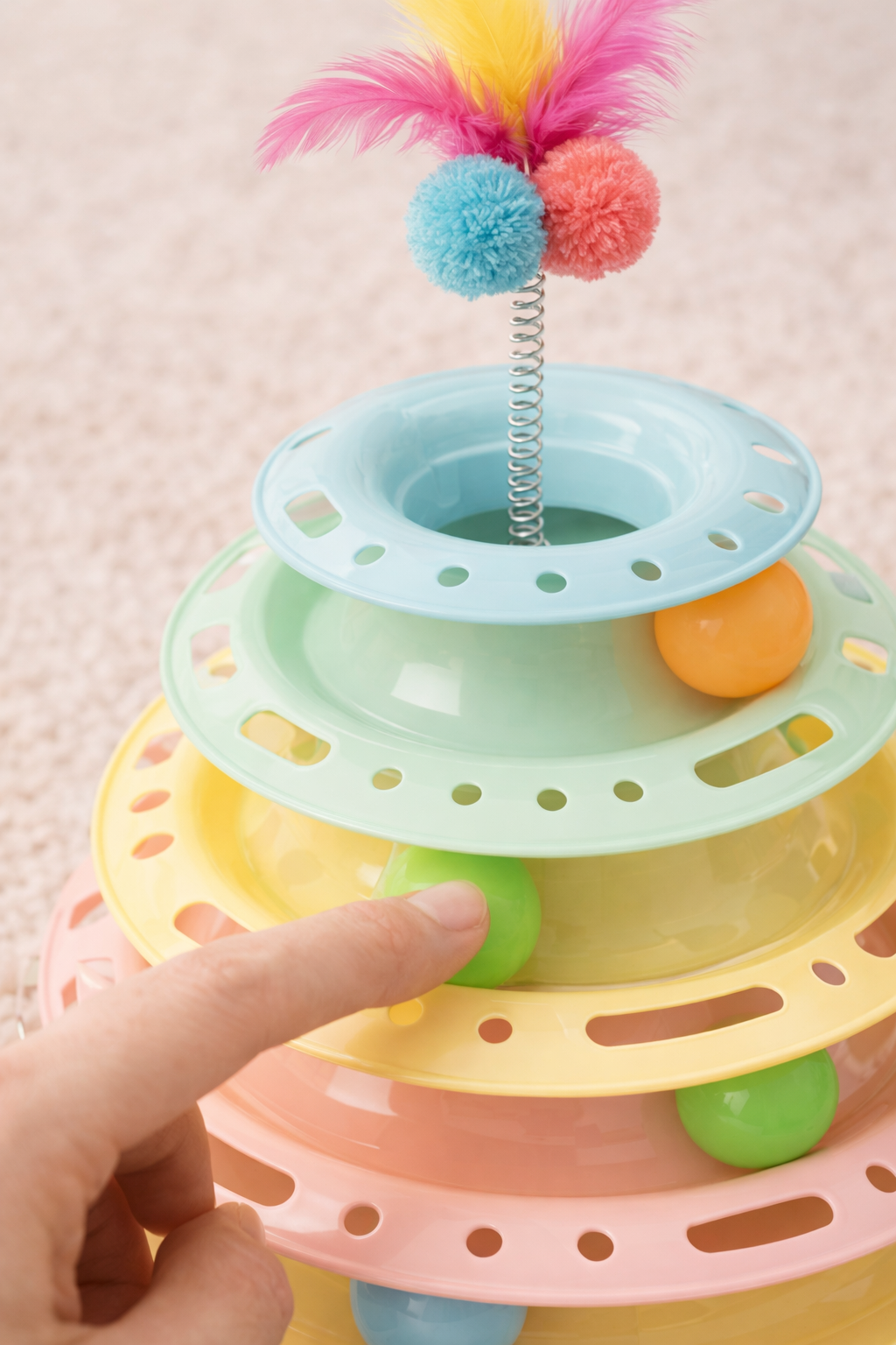 Interactive Multi-Level Cat Toy – Track Ball Tower – Feather Teaser – Indoor Play