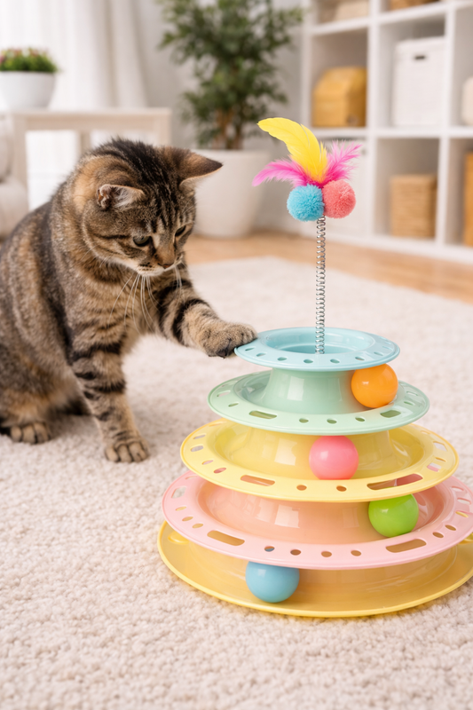 Interactive Multi-Level Cat Toy – Track Ball Tower – Feather Teaser – Indoor Play
