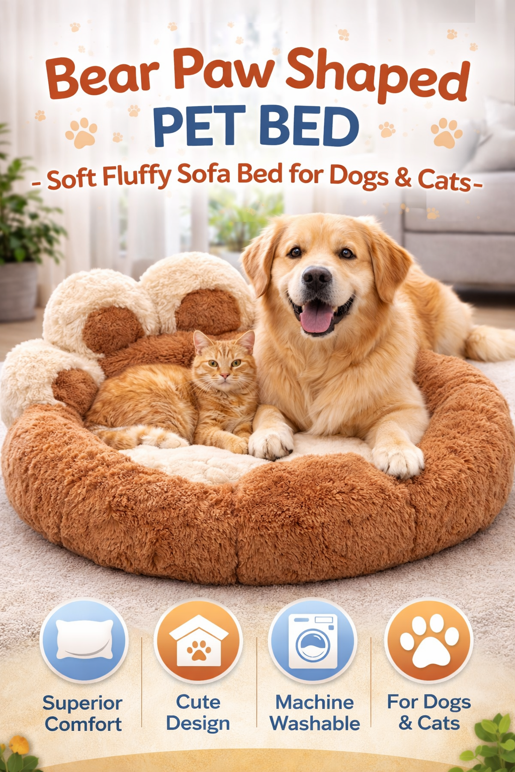 Bear Paw Shaped Pet Bed – Soft Fluffy Sofa Bed for Dogs & Cats