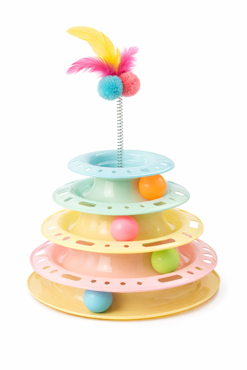 Interactive Multi-Level Cat Toy – Track Ball Tower – Feather Teaser – Indoor Play