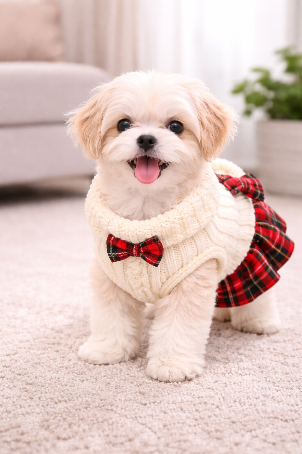 Knitted Dog Sweater Dress – Plaid Skirt Outfit for Puppies
