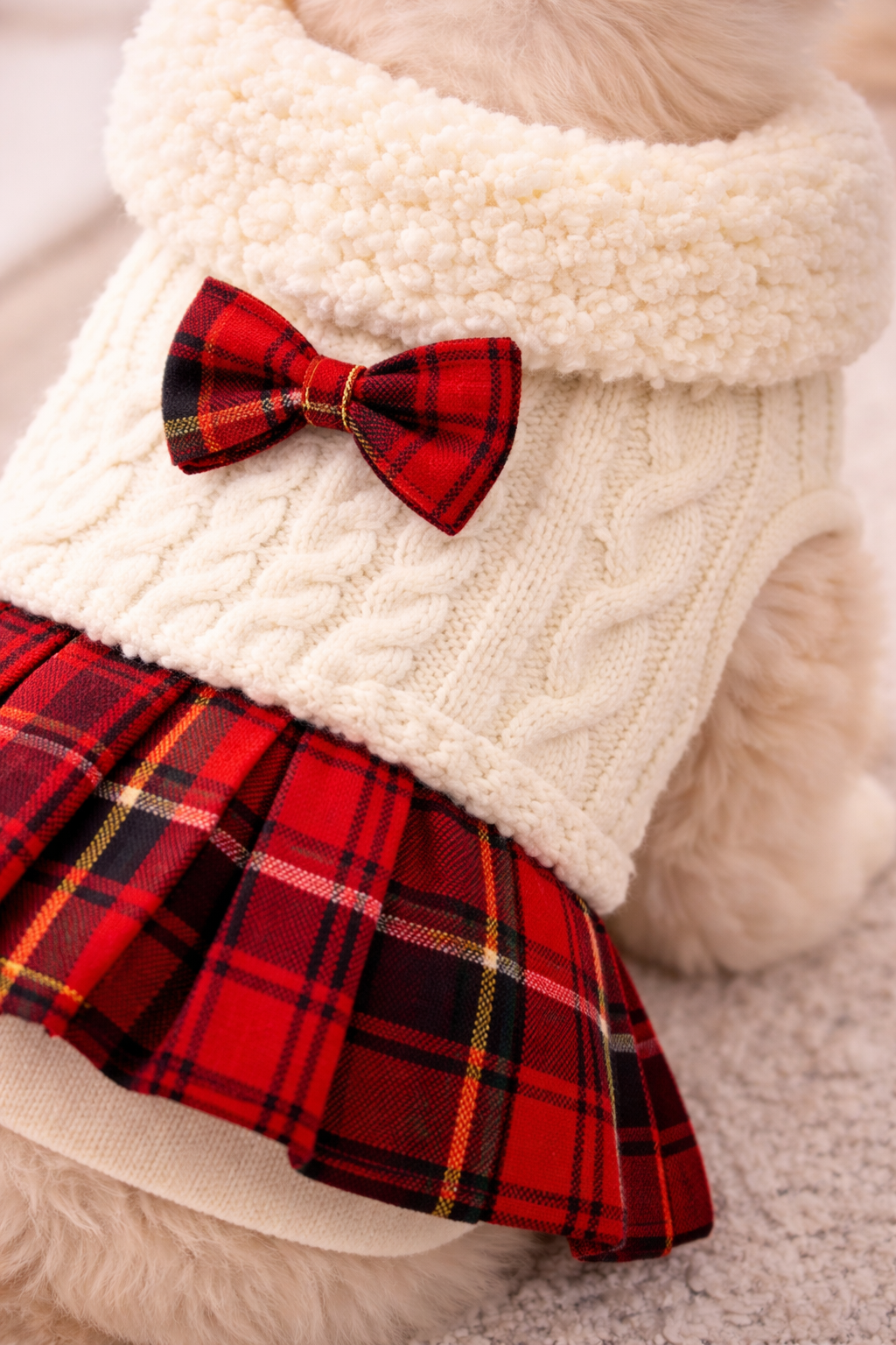 Knitted Dog Sweater Dress – Plaid Skirt Outfit for Puppies